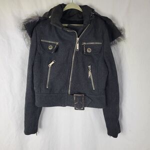 Joujou Black‎ Detachable Hood Full Zipper Front Jacket